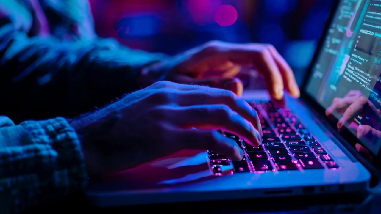 Close-up of Hands Typing Code on Laptop in Neon Light