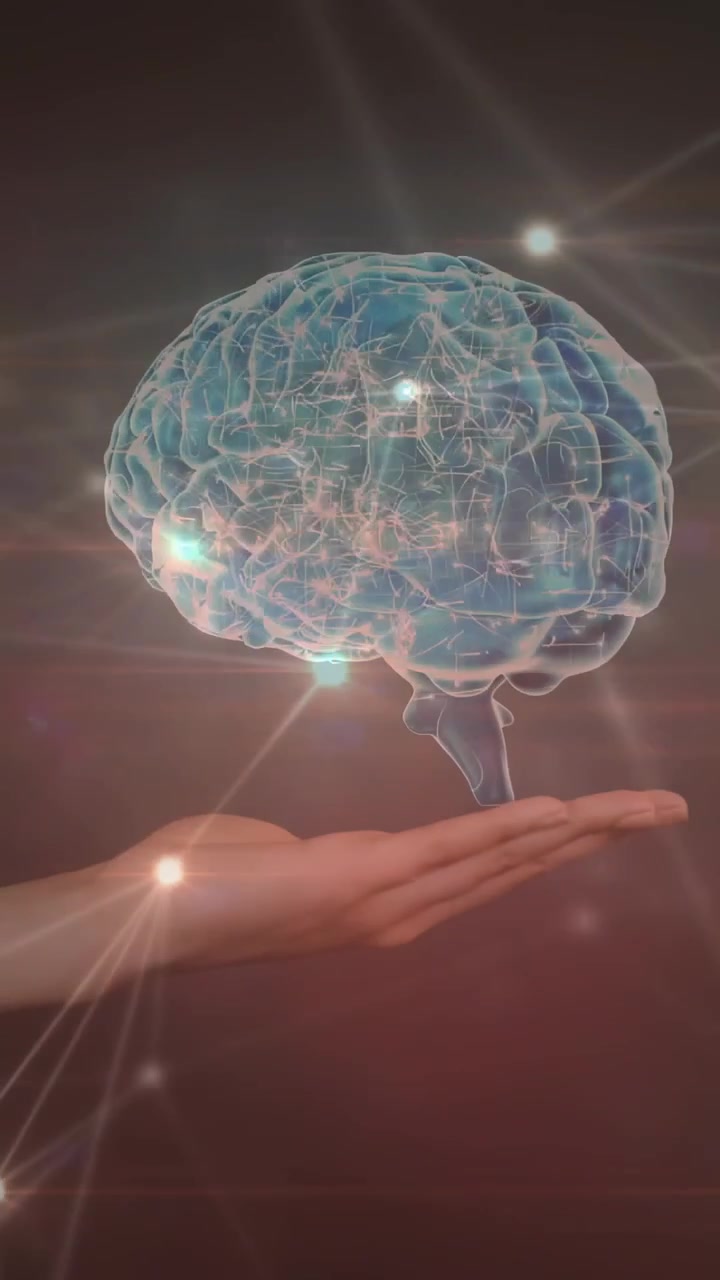 Video verticale: Mano che scorre verso l'alto, sfera che si trasforma in un cervello blu, ruota, visualizzando nodi.