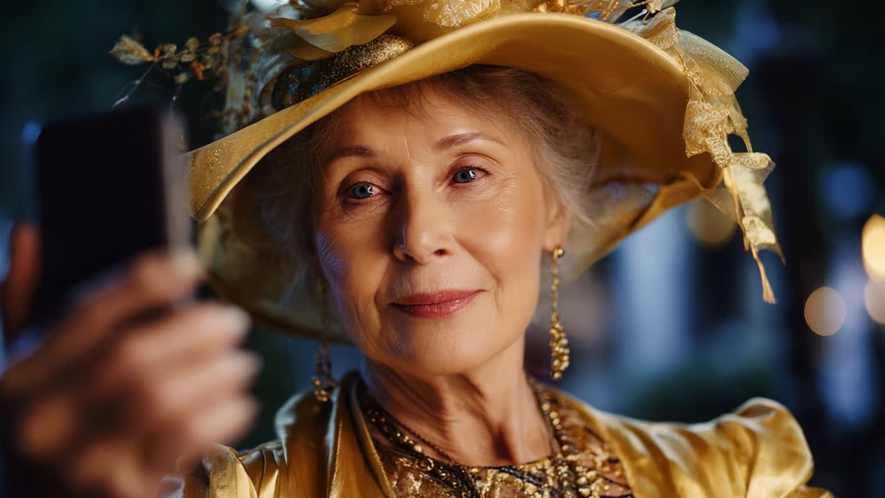 A stylish elderly woman in a vibrant yellow ensemble wearing a large embellished hat captures a selfie, showcasing her confidence and charm in an outdoor setting, illuminated by soft evening lights