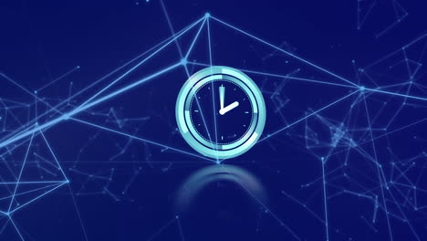 animación del reloj y la red de conexiones sobre fondo azul oscuro