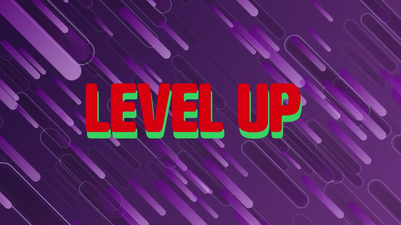 animación de un banner de texto de nivel superior sobre líneas que caen en un patrón sin costuras contra un fondo púrpura