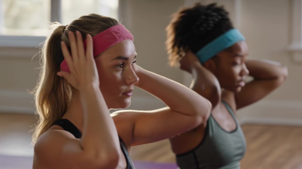 Placing white headband, left woman tying ponytail on mat in studio for workout, wearing sports tank