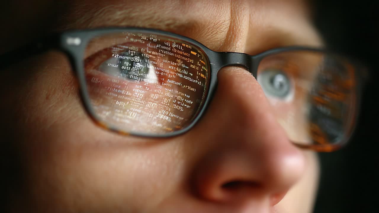 Una prospettiva ravvicinata sulla programmazione focalizzata: Uno sguardo sull'intenso mondo della programmazione riflesso negli occhiali durante lo sviluppo software.