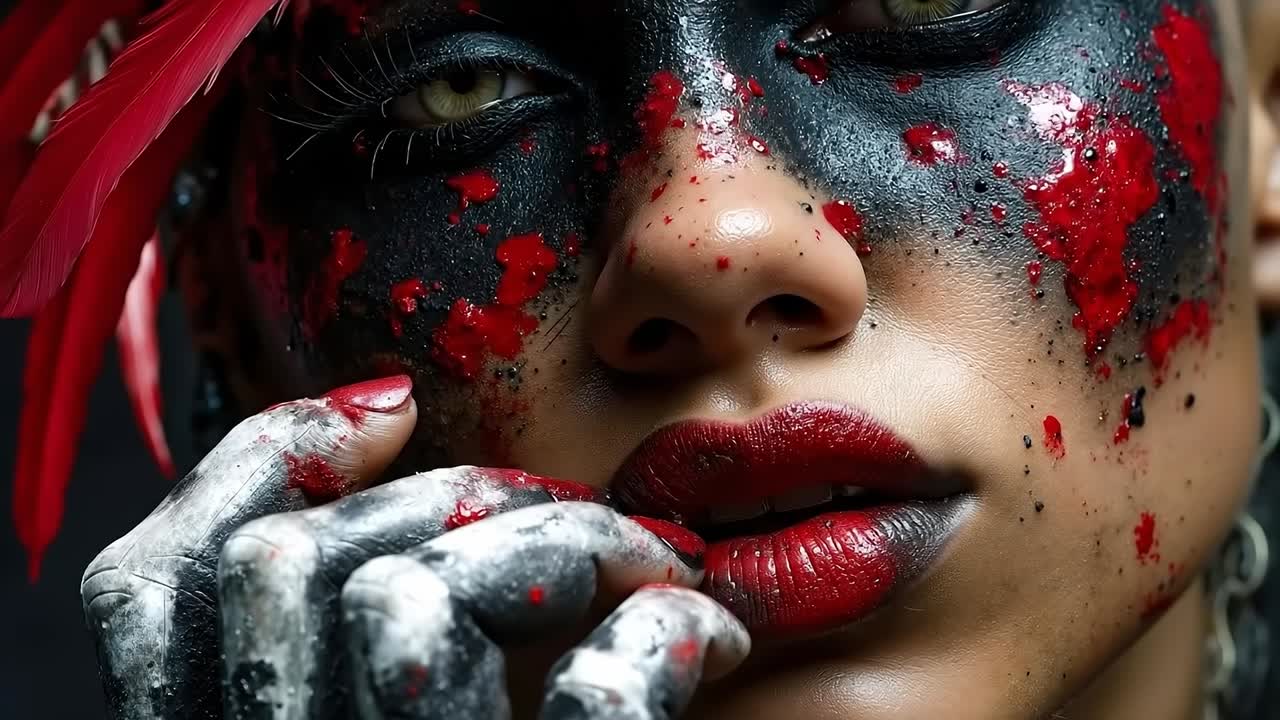 A woman with black and red paint on her face and hands