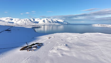 breathtaking view of high mountain covered in snow on a tranquil bay in iceland