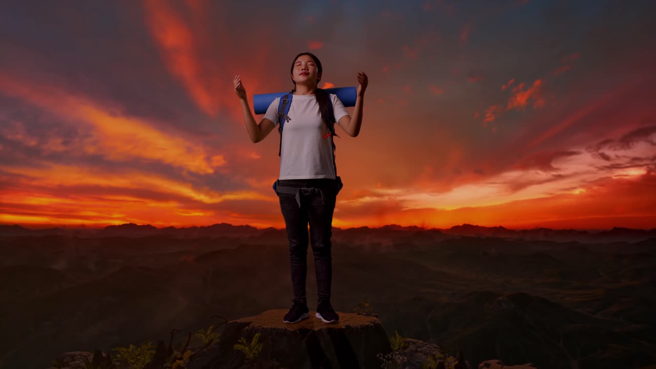 mujer meditando en la cima de una montaña al atardecer