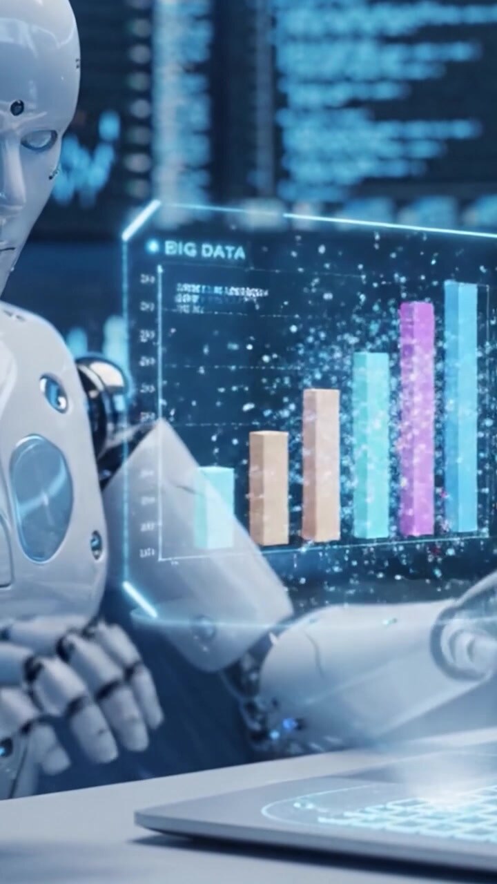 Futuristic Humanoid Robot Engaging in Data Analysis and Interactive Visualization in a High-Tech Environment with Screens Displaying Comprehensive Information