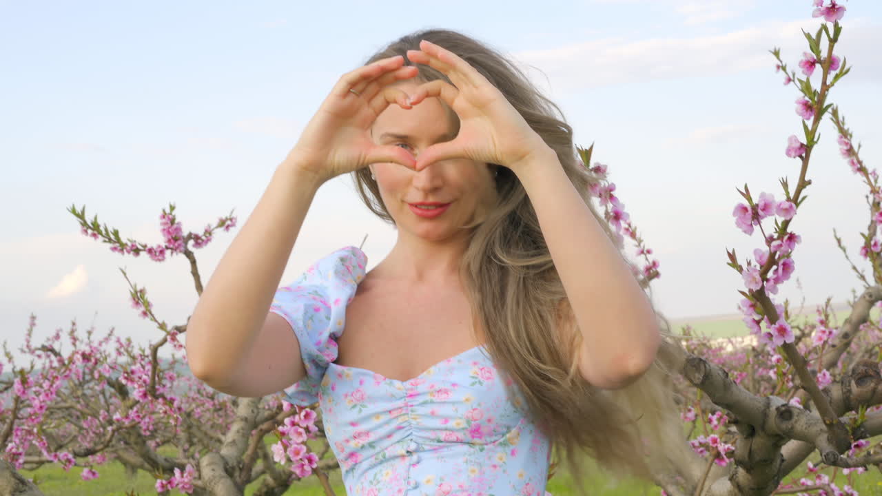 Brunette woman in a blue dress in a field of blooming trees