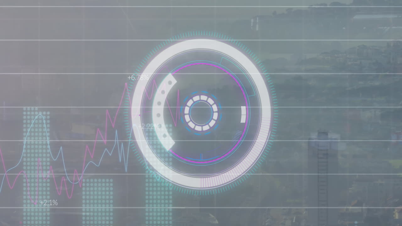 animación del escaneo del alcance y el procesamiento de datos financieros sobre el paisaje urbano