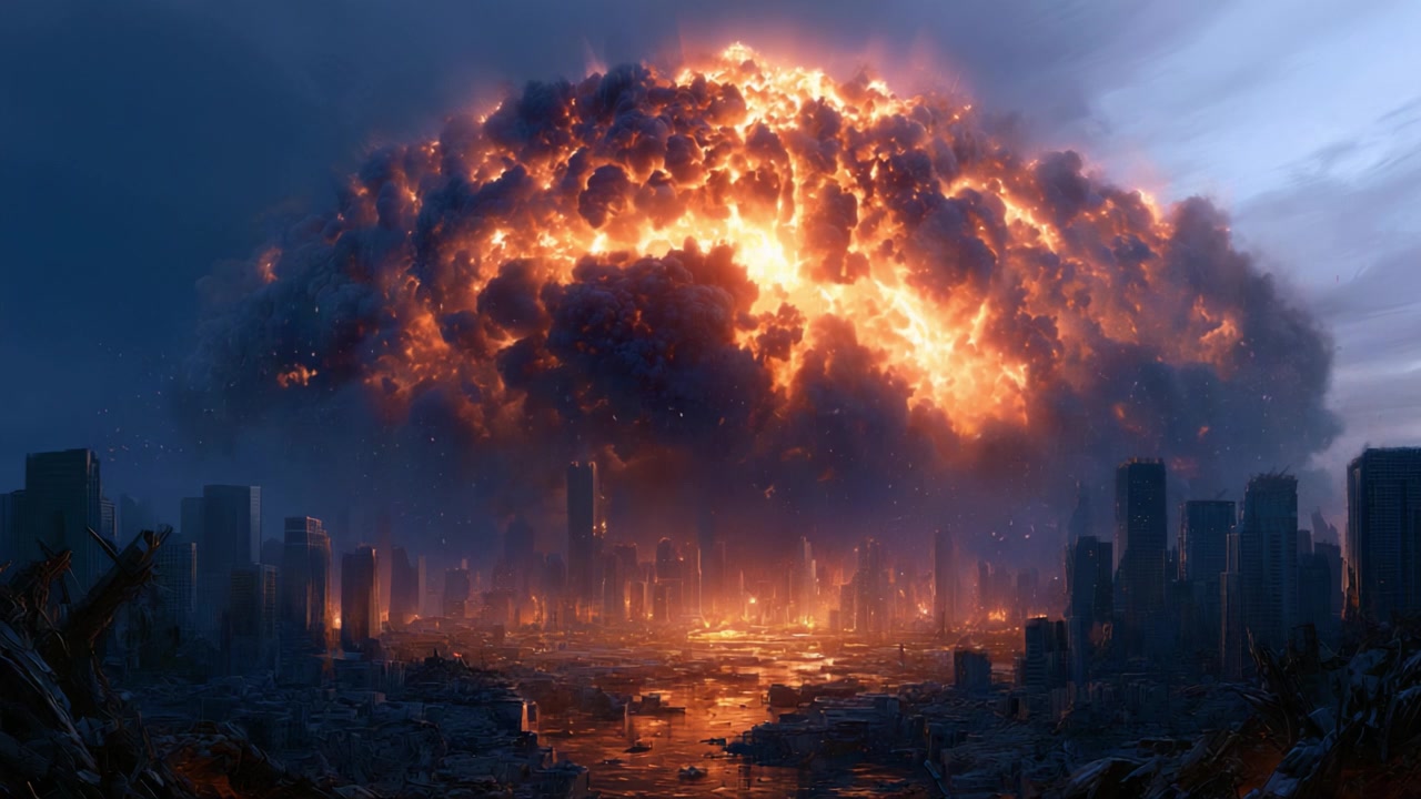 An explosive and fiery spectacle unfolds in a devastated cityscape, marked by towering buildings and an ominous sky, as a massive cloud of flames engulfs the horizon.