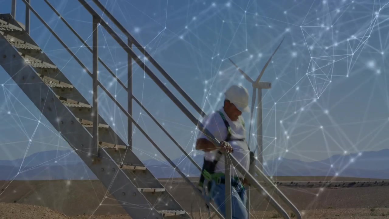 Tech descending stairs after inspection, holding handrail, overlay across scene showing wind data