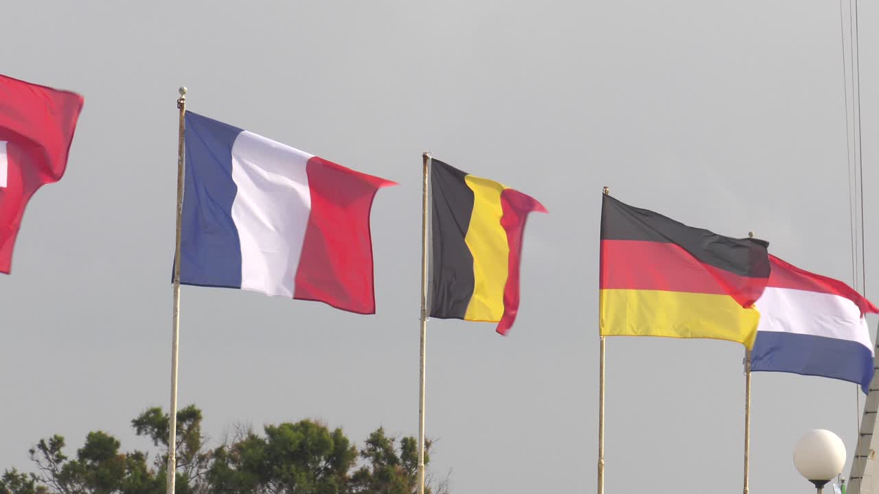 Colorful European flags flying at marina on windy day