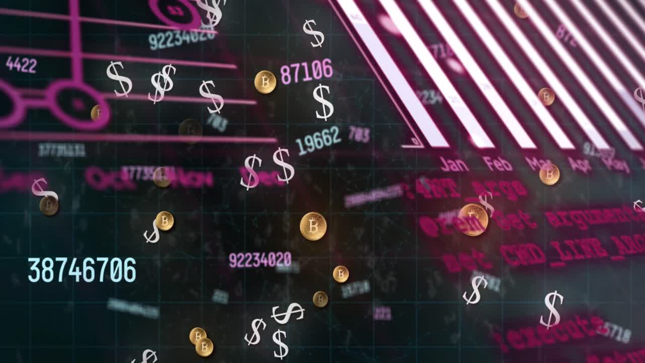 검은색 바탕에 데이터 처리 및 동전의 애니메이션