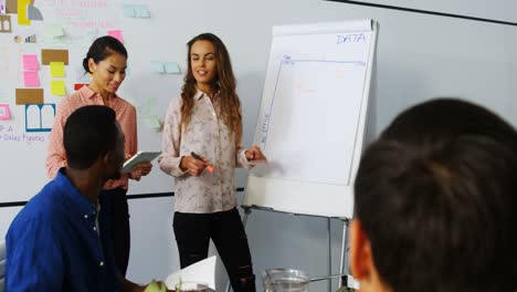 mujer ejecutiva discutiendo sobre flip chart 4k
