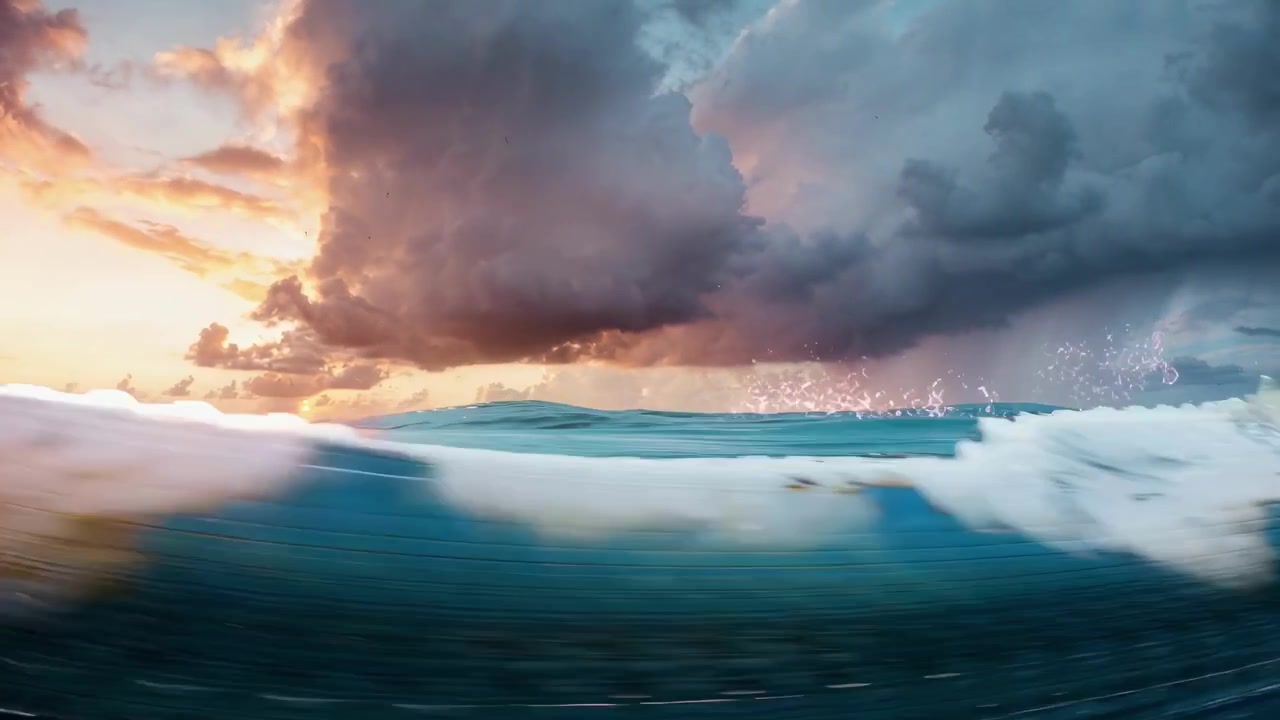 Over-Under View of Ocean Waves During a Stormy Sunset