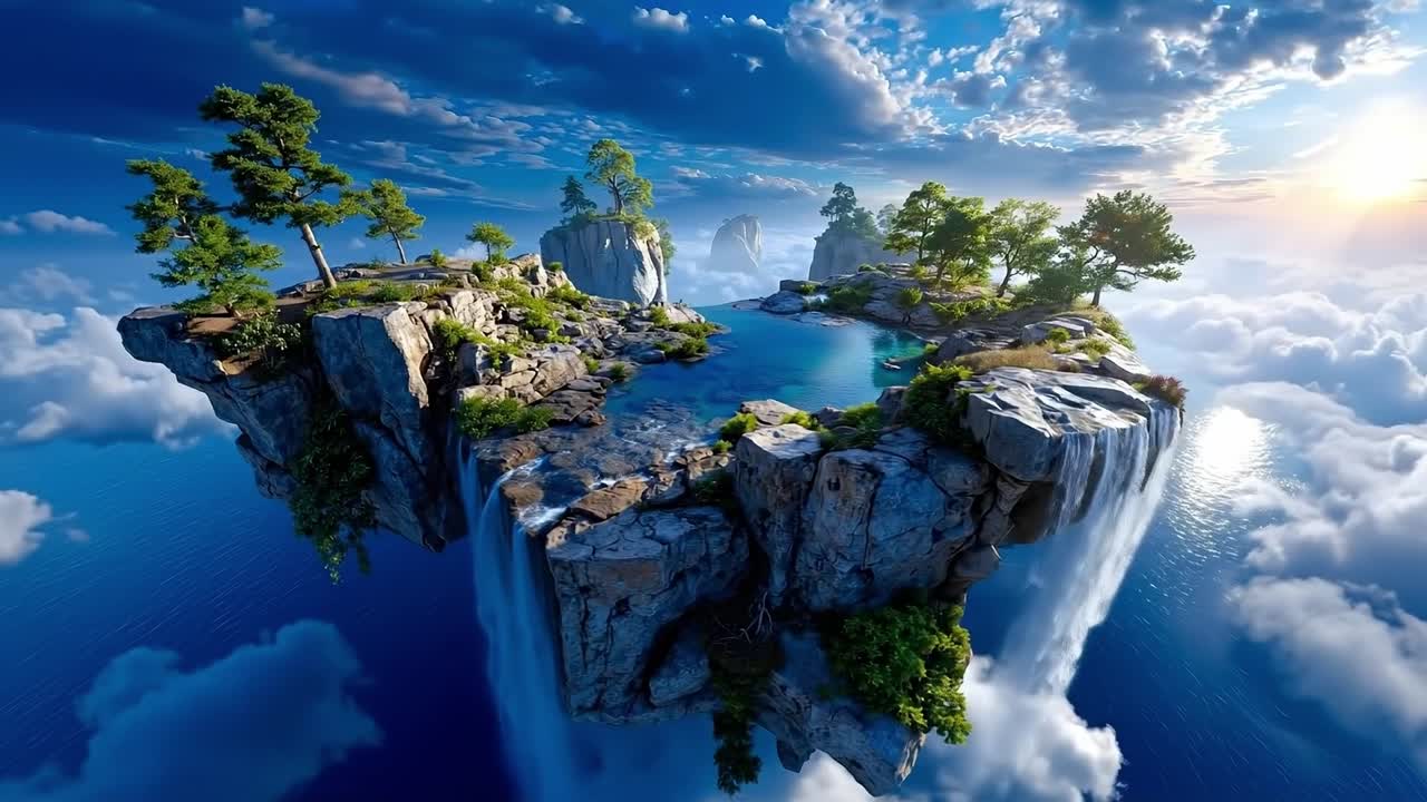 A small island in the middle of a body of water surrounded by clouds