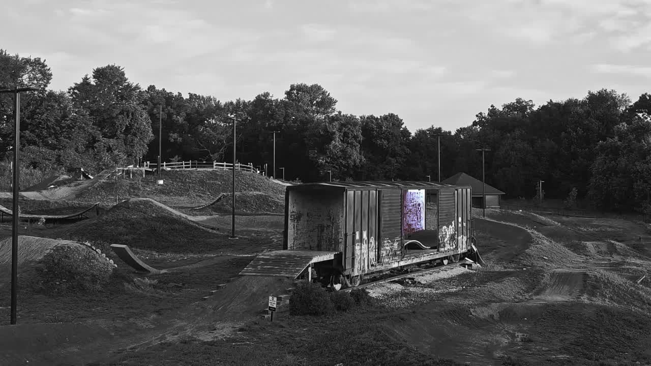 Black and White selectively colorized cinemagraphic of rail card on dirt bike park trail