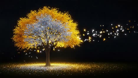a majestic tree in autumn: capturing the essence of change with vibrant leaves and fleeting petals in a whimsical, starry landscape