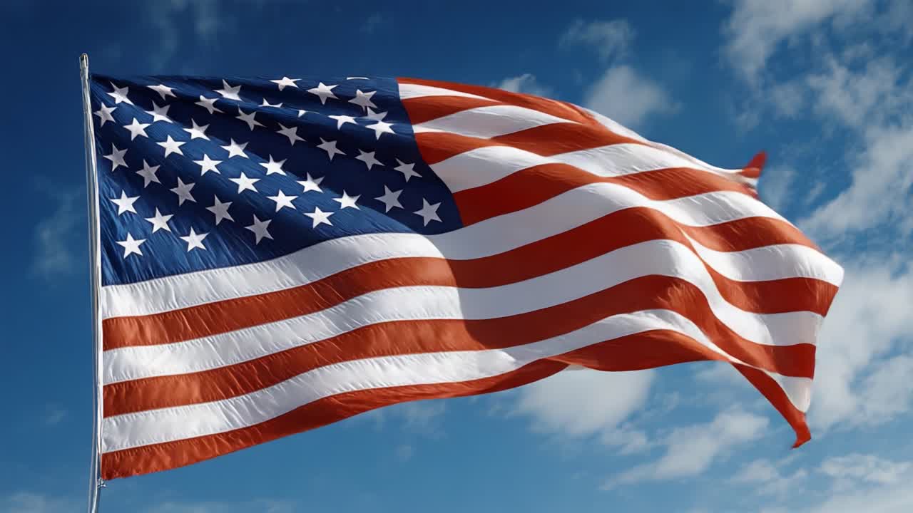 Majestetisk uttrykk for patriotisme: Et fengslende syn av USAs flagg som vaier grasiøst mot en vakker blå himmel med luftige skyer