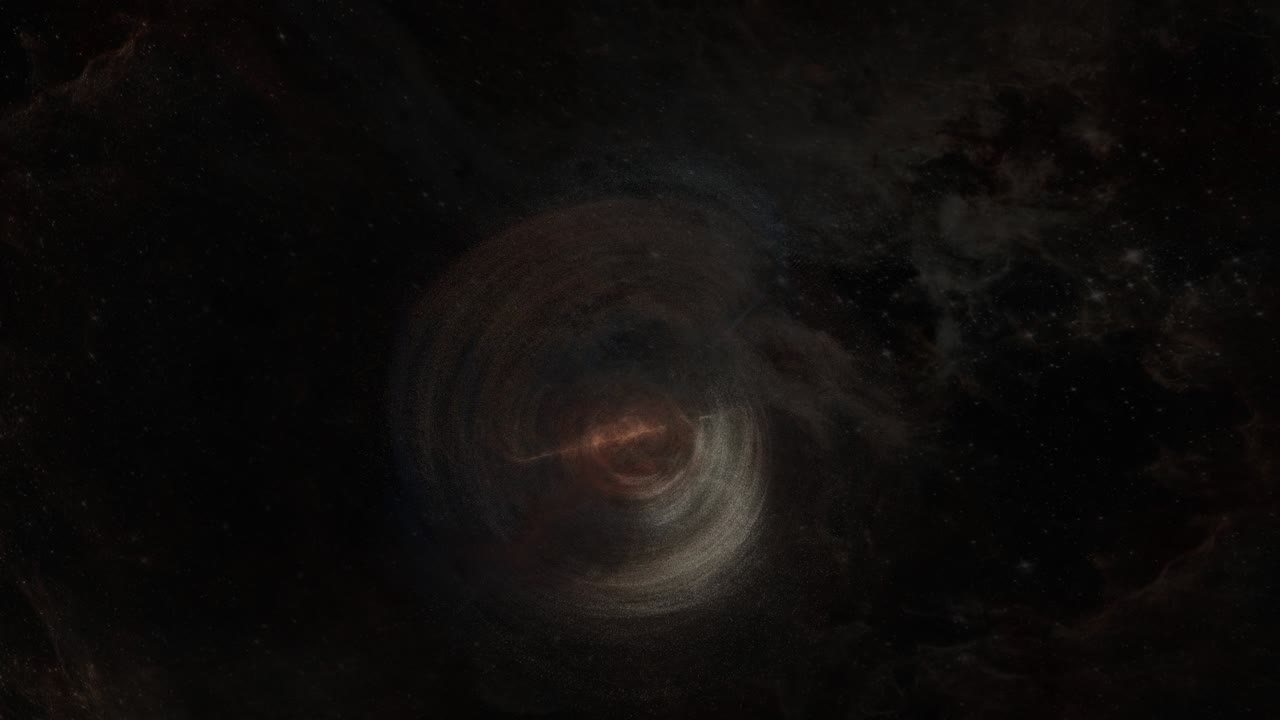 Abstract space flight in the dark space fly to mysterious glow nebula. Space exploration to glow spining energy cloud. 4K 3D art illustration Sci-Fi space exploration travel to the alien nebula.