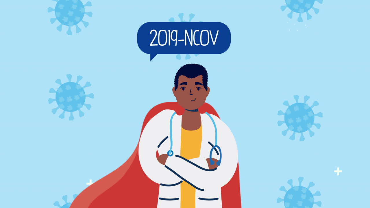 afro doctor with hero cloak and covid19 particles