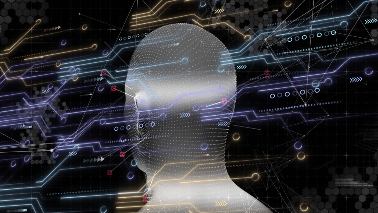 Animation of digital head over icons and neon lines