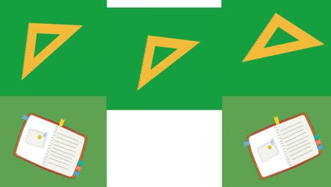 animation of green rectangles with setsquare and notebooks moving on white background