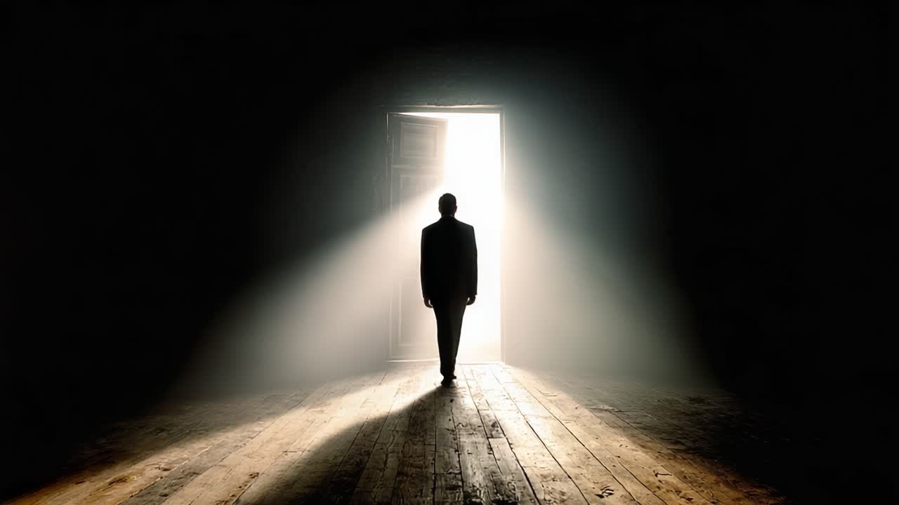 A solitary figure stands at the threshold of an illuminated doorway, symbolizing transition and the journey between darkness and light in a profound moment of introspection