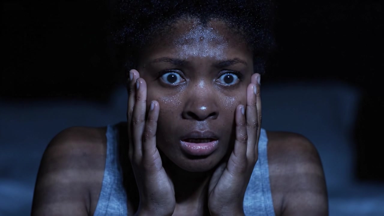 Intense Emotional Moment: A Woman's Raw Fear Captured in a Dark Room with Shadows Highlighting Her Expression of Panic and Distress
