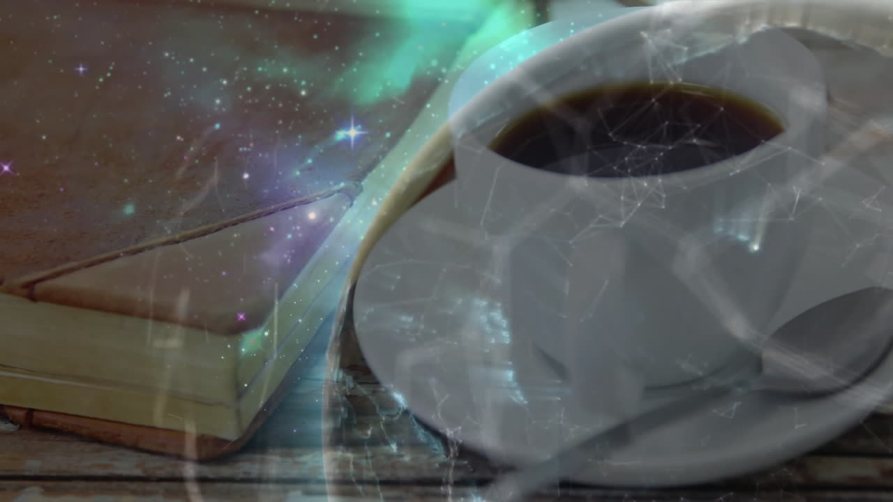 Flat design coffee cup swirling on wooden table with notebooks while starfield network expanding