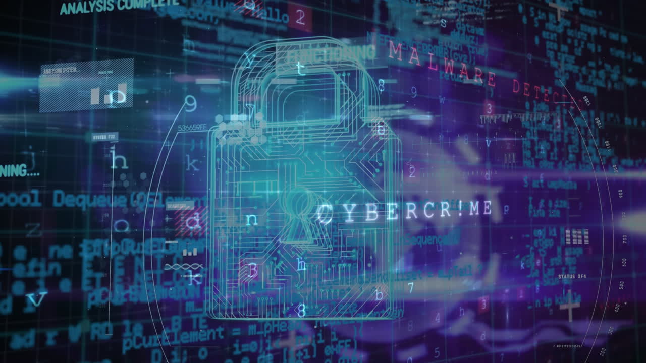 Animation of warning data processing, online security padlock and circuit board