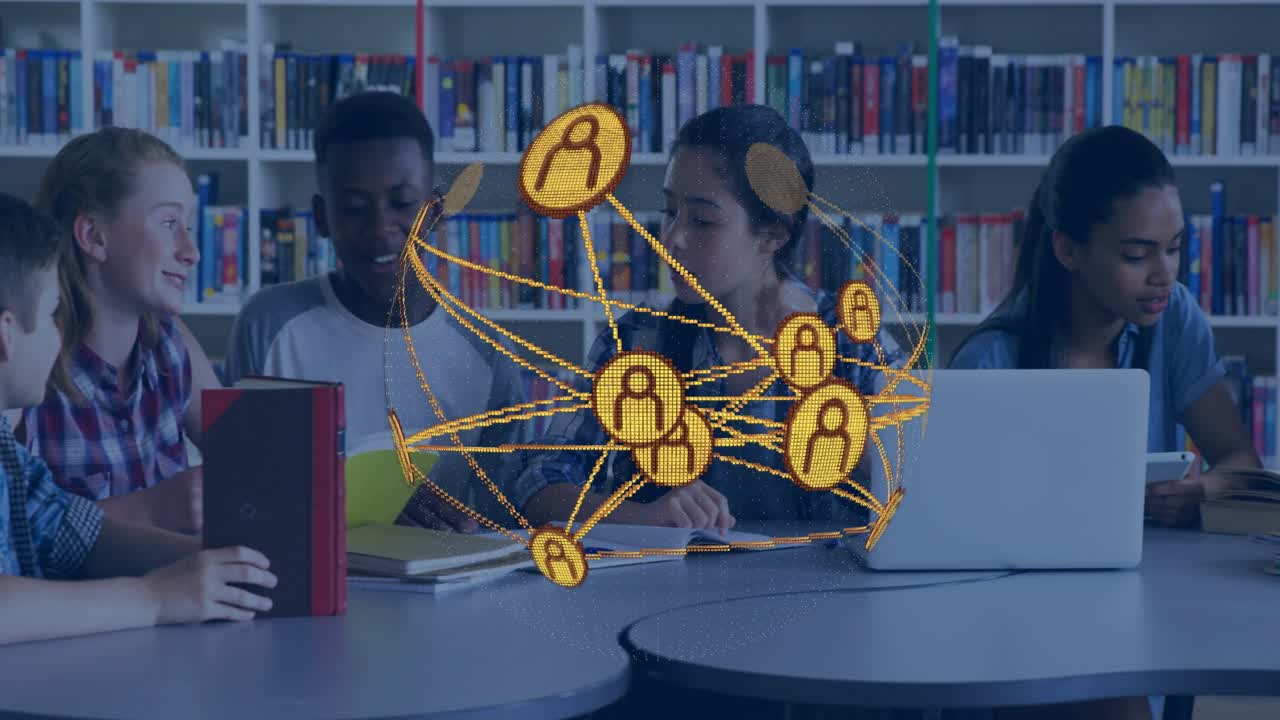 Network graphic expanding above library table students flipping pages noting for assignment