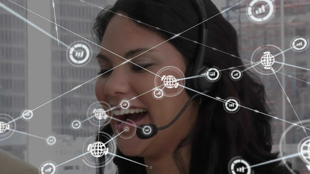 animación de una red de conexiones e iconos sobre una mujer de negocios con auriculares