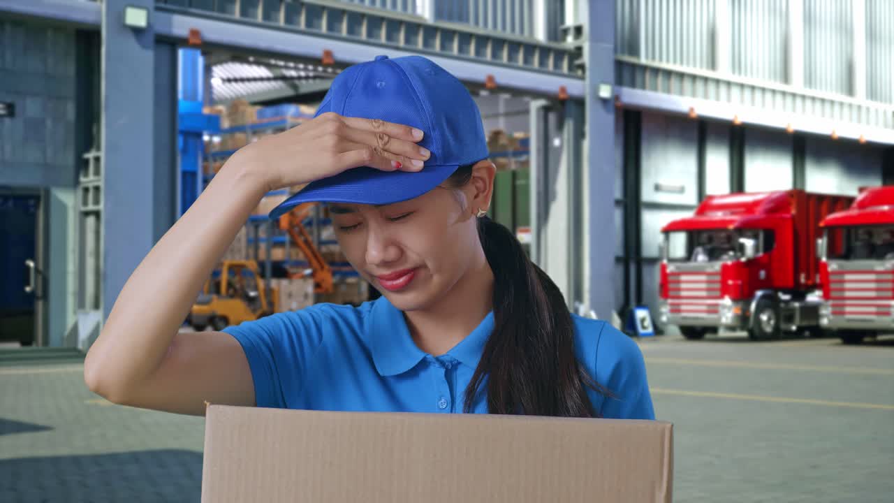 Close Up Of Tired Asian Female Courier In Blue Uniform Shaking Her Head While Delivering A Carton, Outside Warehouse