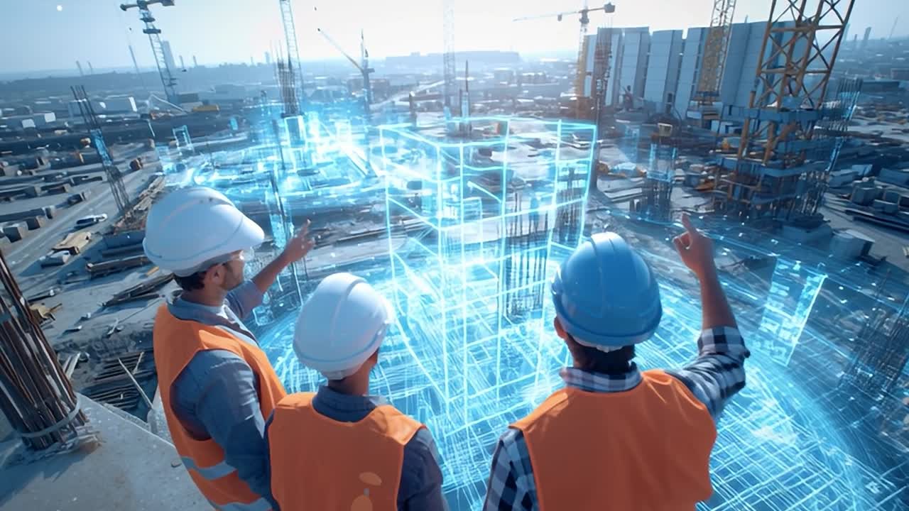 Construction workers analyzing digital plans at a building site