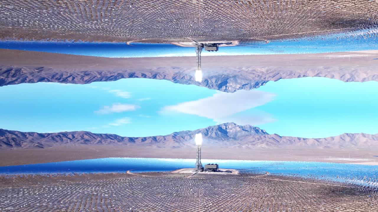 초기 미래의 평행 우주, 거울 vfx 오버레이 그래픽 태양광 농장의 공중 전망