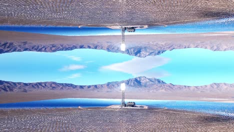 Futuristic-parallel-universe-of-inception,-mirror-VFX-overlay-graphics-of-solar-farm-of-aerial-view