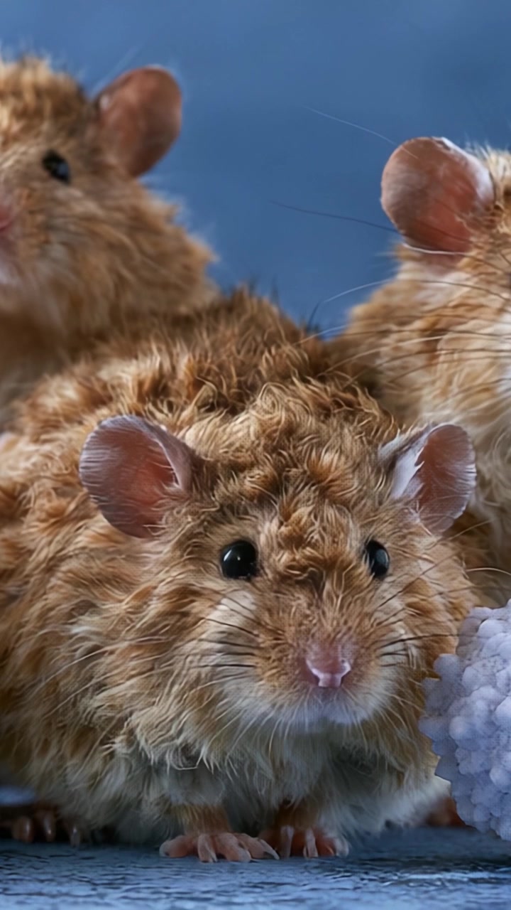 Adorabile gruppo di soffici topi marroni in posa insieme su uno sfondo blu tenue, che mostra la loro curiosità e natura giocosa in una scena accattivante.