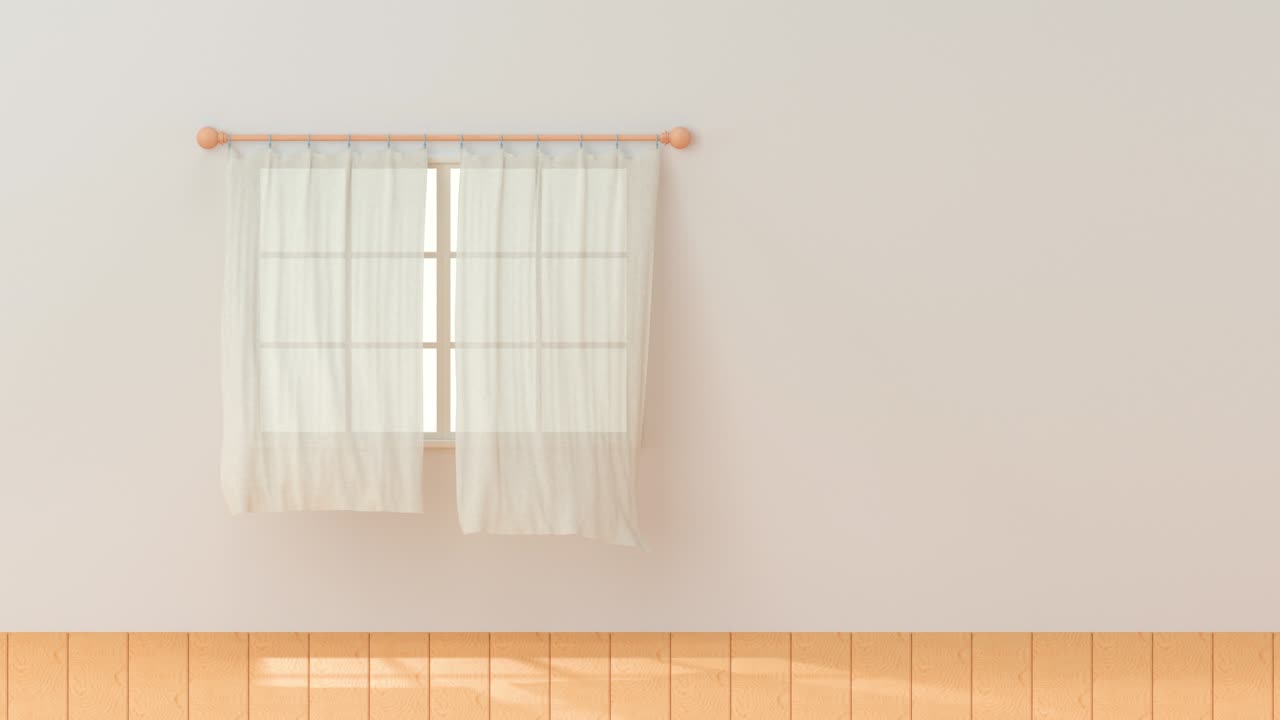 불어나는 커튼의 루프 애니메이션, 인테리어 배경, 3d 렌더링