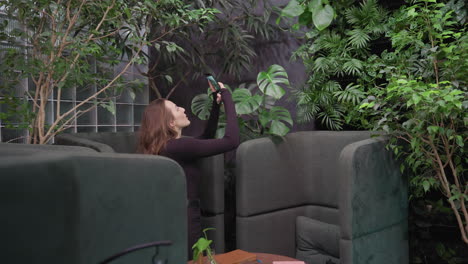 Pretty woman using phone to take pictures of lush green plants while seated between cushioned booths in modern indoor space filled with vibrant foliage and soft natural lighting
