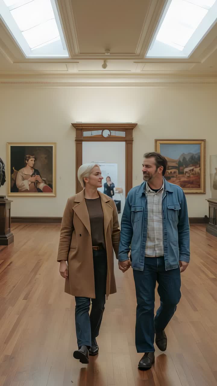 Vertical video: Entering gallery, couple in tan coat, denim jacket holding hands, viewing sculpture