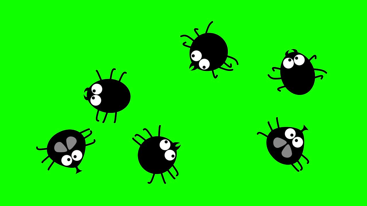녹색 스크린에서 기어다니는 웃긴 검은 곤충, 2d 애니메이션, 시엄리스