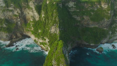 iconic sekartaji cliff covered in lush vegetation with blue tropical sea water, aerial