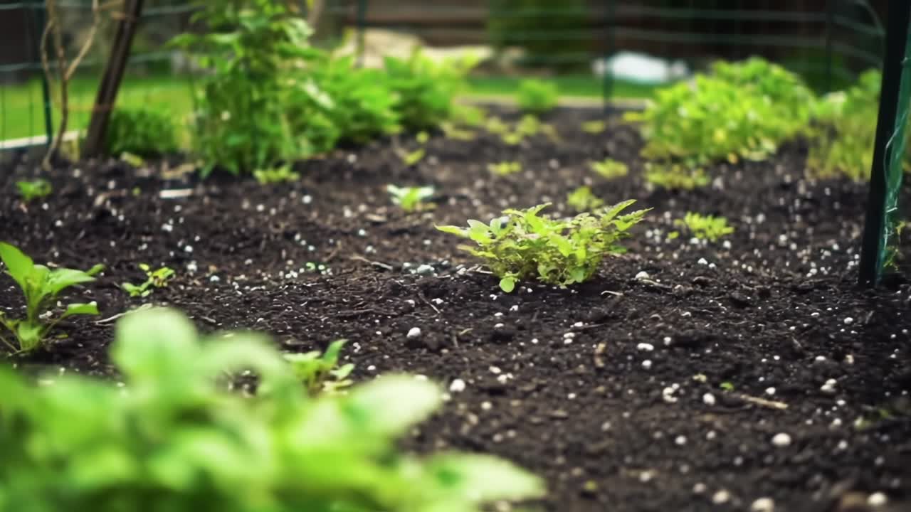 A Lush Garden's Growth Journey: Observing the Progress of Leafy Greens and Herbs Emerging from Fertile Soil in an Organized Vegetable Plot