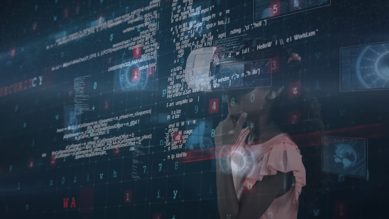 Animation of security warning text and data processing over biracial girl in vr headset