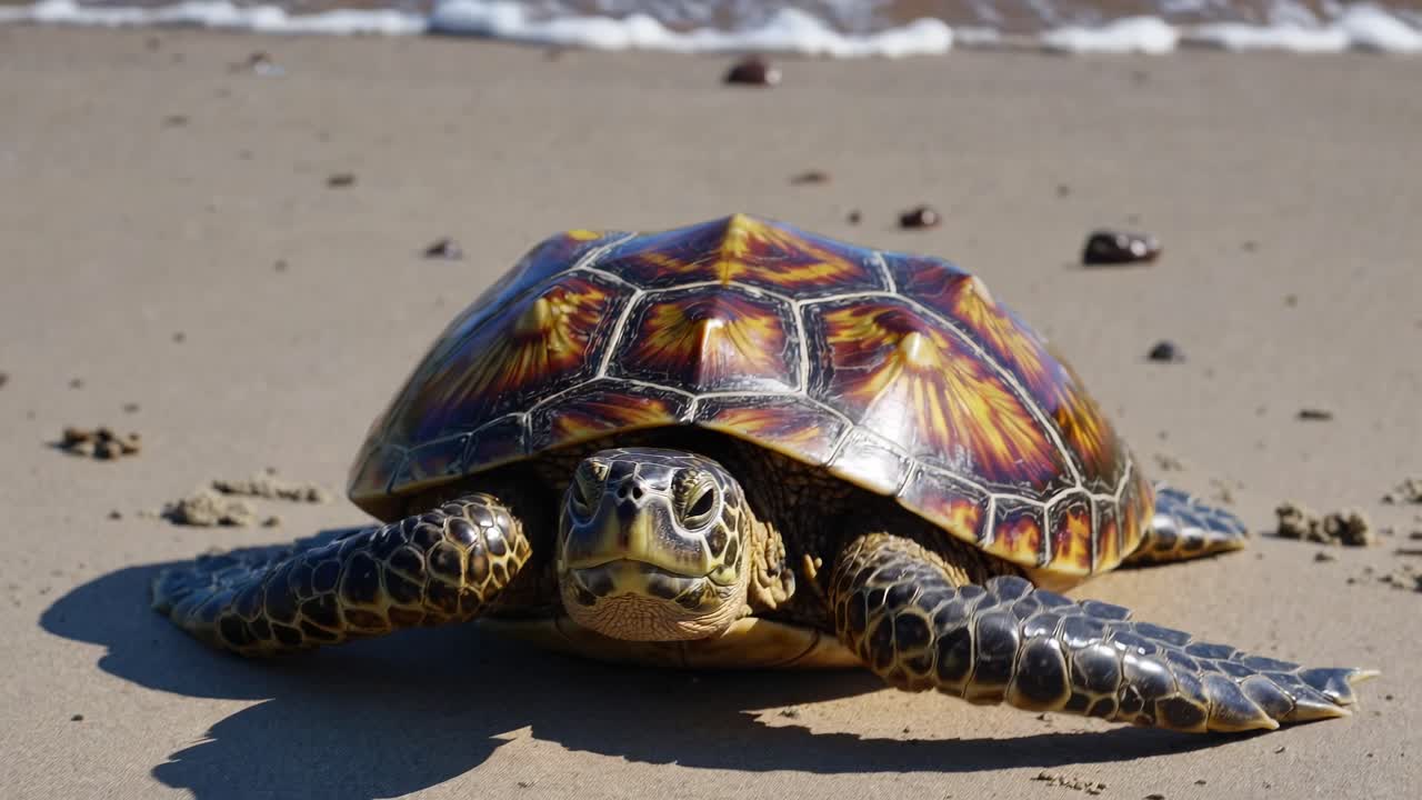 Close-up, eye-level shot of a turtle on a sandy beach, highlighting its detailed shell pattern