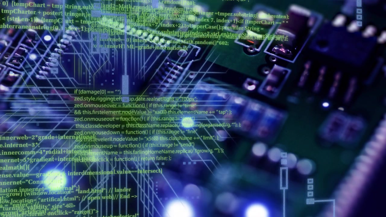 PCB reacting to LED pulse, traces scanning, nodes converging and code scrolling to visualize data