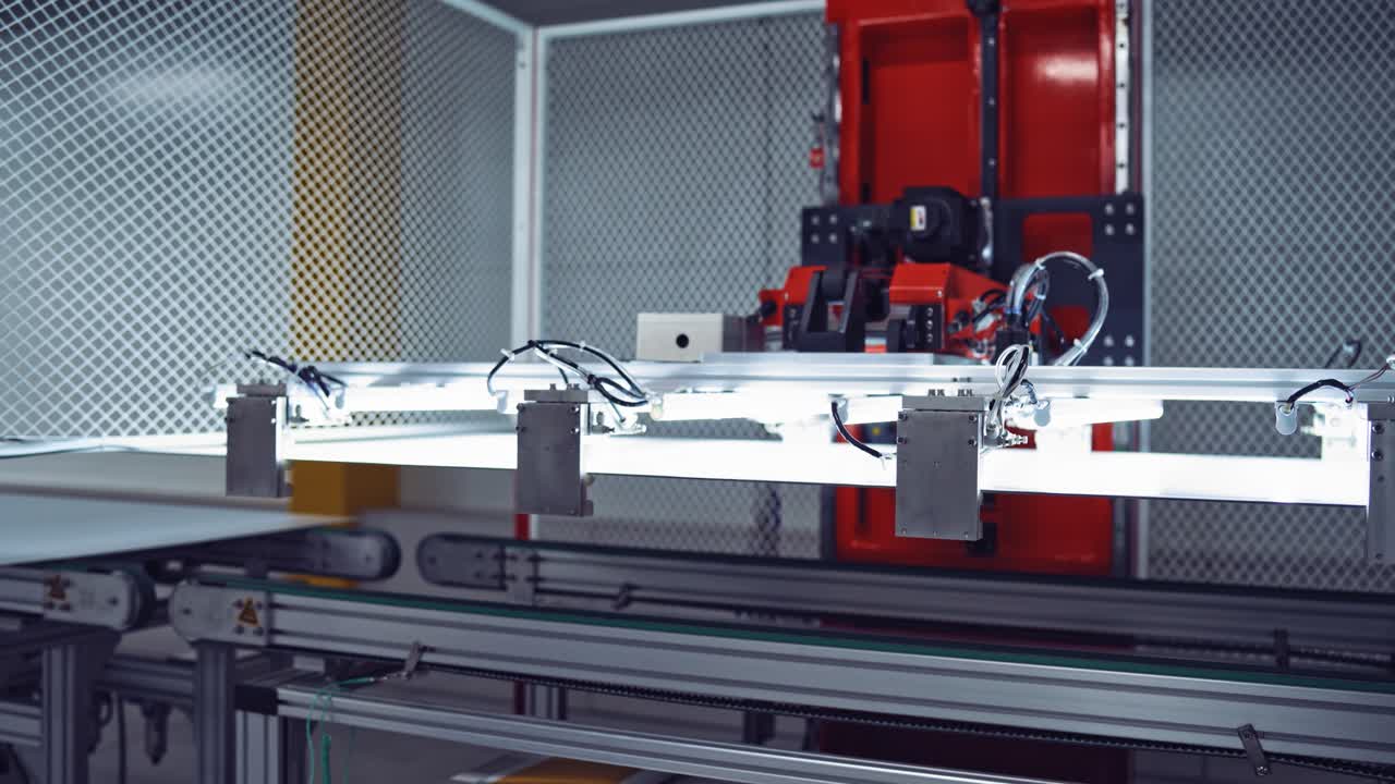 Production of solar panels. Automated equipment at work inside the modern industrial plant. Close-up.