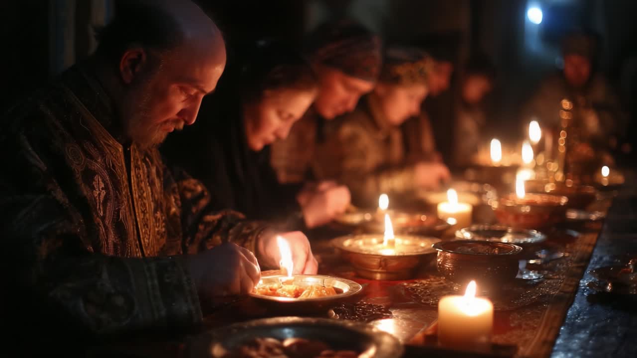 An Intimate Candlelit Gathering Depicting People Engaged in a Traditional Feast, Highlighting Cultural Heritage and the Importance of Sharing Moments Together