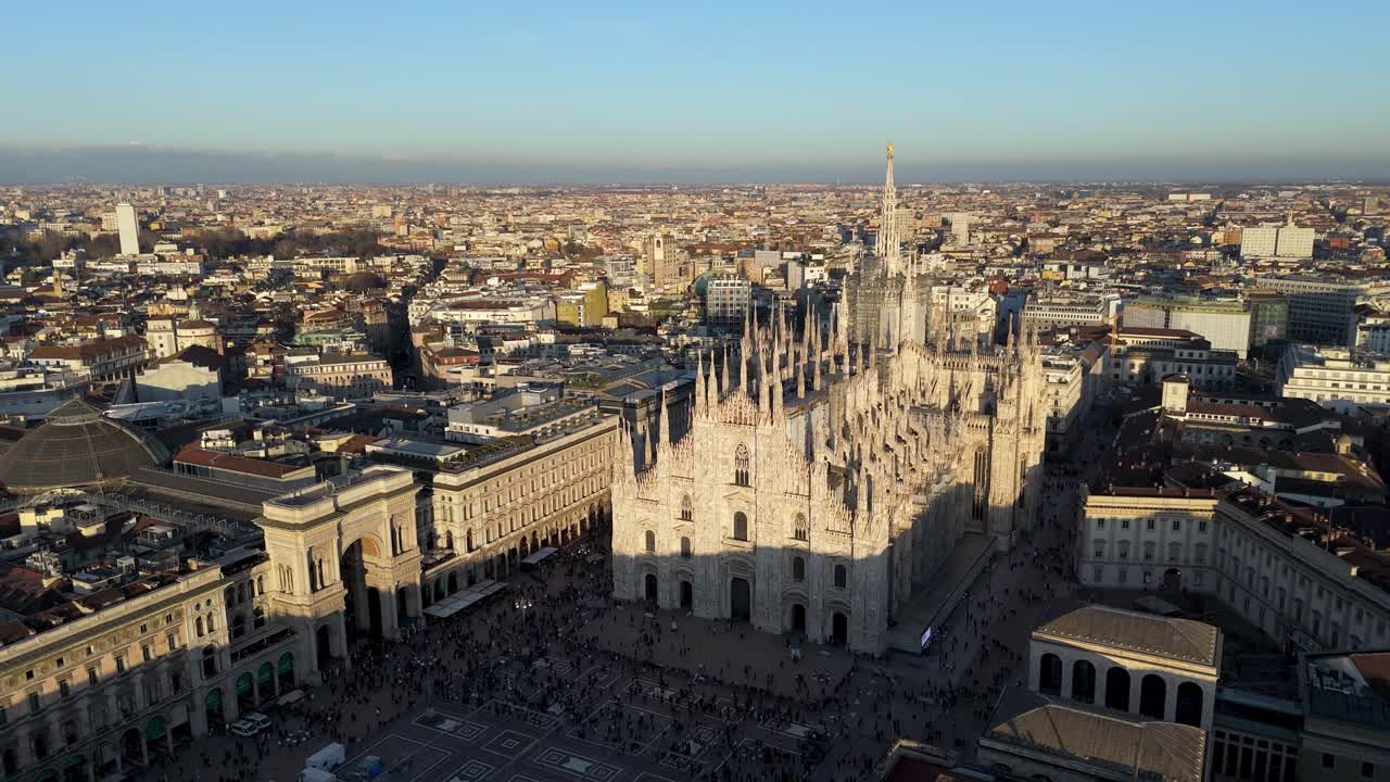 aerial wide angle sunset view of Milan city duomo cathedral